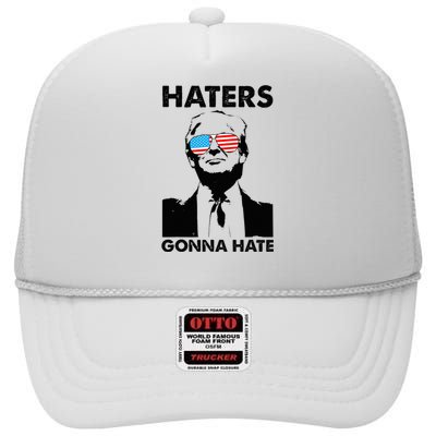 Funny Trump 2024 Haters Gonna Hate Glasses American Flag High Crown Mesh Back Trucker Hat