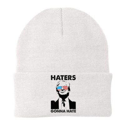 Funny Trump 2024 Haters Gonna Hate Glasses American Flag Knit Cap Winter Beanie