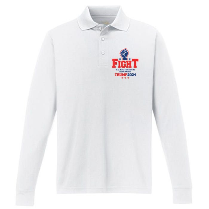 Fight Trump 2024 HeLl Never Stop Fighting To Save America Performance Long Sleeve Polo