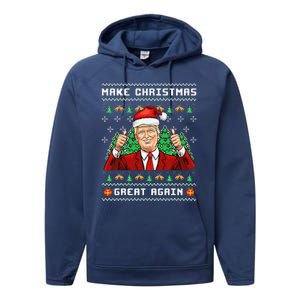 Funny Trump 2024 Make Christmas Great Again Ugly Sweater Performance Fleece Hoodie