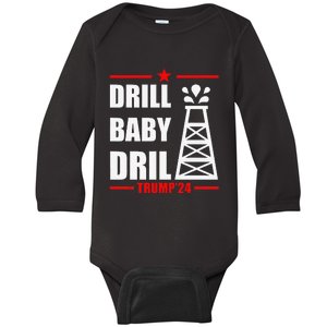 Funny Trump 2024 Drill Baby Drill Gas Oil Rig Illustration Baby Long Sleeve Bodysuit