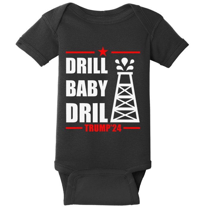 Funny Trump 2024 Drill Baby Drill Gas Oil Rig Illustration Baby Bodysuit