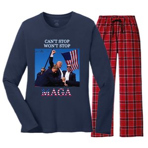 Funny Trump 2024 Cant Stop Wont Stop Maga Women's Long Sleeve Flannel Pajama Set 