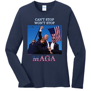 Funny Trump 2024 Cant Stop Wont Stop Maga Ladies Long Sleeve Shirt