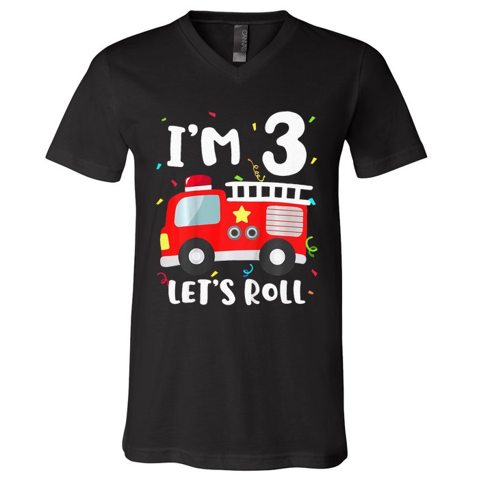 Fire Truck 3rd BirthdayFirefighter 3 Year Old V-Neck T-Shirt