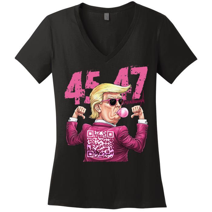 Funny Trump 45 47 Bubble Pin.K Qr Dancing Code Women's V-Neck T-Shirt