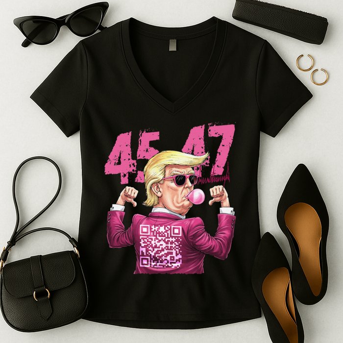 Funny Trump 45 47 Bubble Pin.K Qr Dancing Code Women's V-Neck T-Shirt