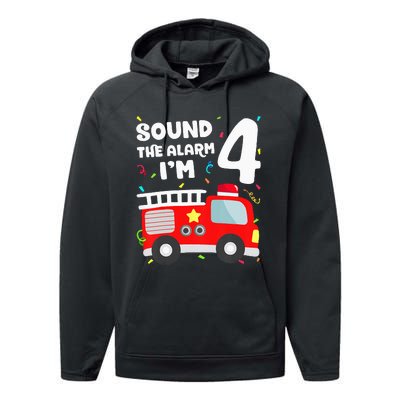 Fire Truck 4th Birthday Firefighter 4 Year Old Performance Fleece Hoodie