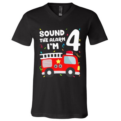 Fire Truck 4th Birthday Firefighter 4 Year Old V-Neck T-Shirt