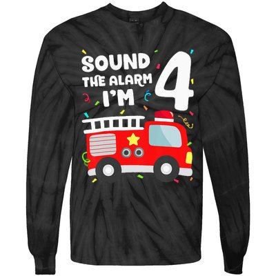 Fire Truck 4th Birthday Firefighter 4 Year Old Tie-Dye Long Sleeve Shirt