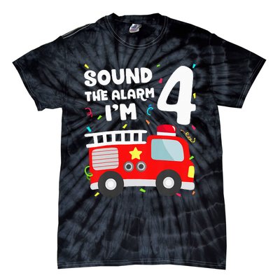 Fire Truck 4th Birthday Firefighter 4 Year Old Tie-Dye T-Shirt