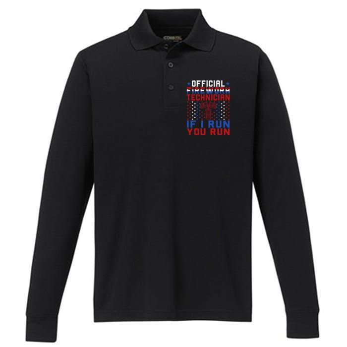 Firework Technician 4th Of July Funny USA Pyro Technician Performance Long Sleeve Polo