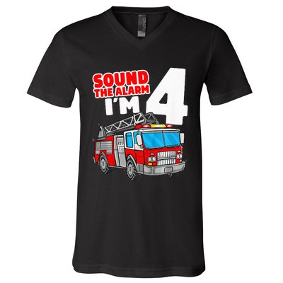 Fire Truck 4 Year Old Firefighter Four 4th Birthday V-Neck T-Shirt