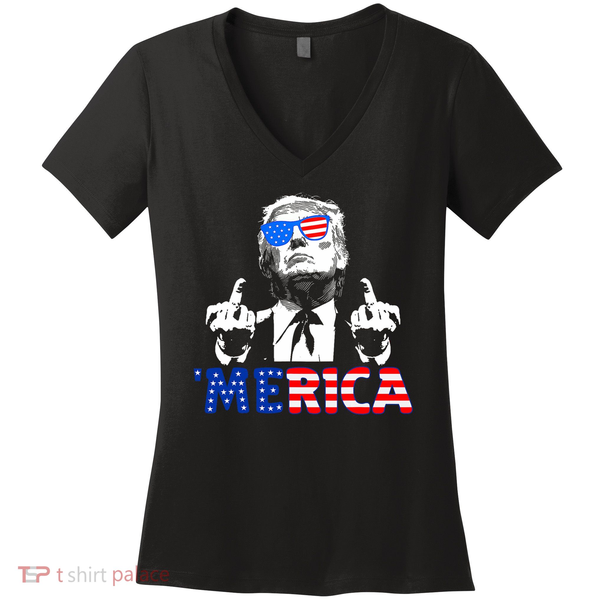 Funny Trump 4th Of July Merica American Flag Sunglasses Women's V-Neck T-Shirt