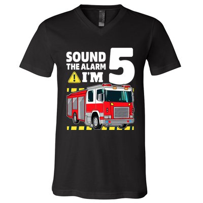 Fire Truck 5 Year Old Firefighter 5th Birthday Boy Five V-Neck T-Shirt