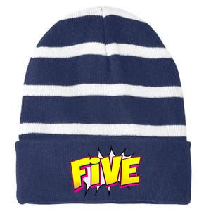 Five Text 5 Year Old Gift 5th Birthday Fifth Boy Striped Beanie with Solid Band