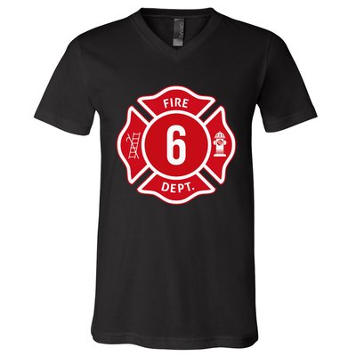 Fire Truck 6th Birthday Firefighter 6 Year Old V-Neck T-Shirt