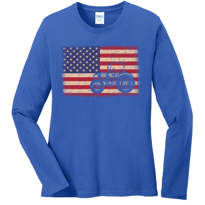 Farm Tractors American Flag Patriotic Vintage Farming Farmer Gift Ladies Long Sleeve Shirt