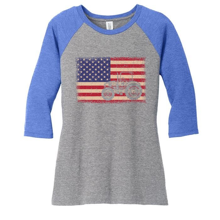 Farm Tractors American Flag Patriotic Vintage Farming Farmer Gift Women's Tri-Blend 3/4-Sleeve Raglan Shirt