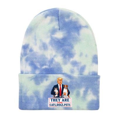 Funny They Are Eating The Dogs The Cats The Pets Trump Tie Dye 12in Knit Beanie