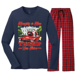 Funny Trump And Santa Naughty Or Nice Trump Won Twice Women's Long Sleeve Flannel Pajama Set 