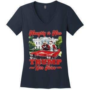 Funny Trump And Santa Naughty Or Nice Trump Won Twice Women's V-Neck T-Shirt