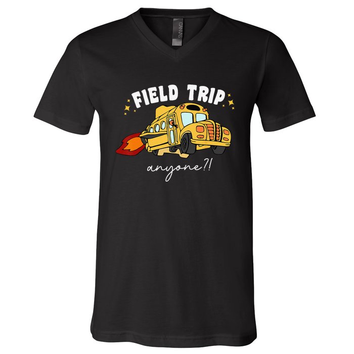 Field Trip Anyone Field Day Teacher Student School Funny Bus V-Neck T-Shirt