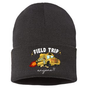 Field Trip Anyone Field Day Teacher Student School Funny Bus Sustainable Knit Beanie