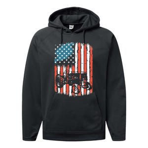 Farm Tractors American Flag Usa Patriotic Farming Rancher Performance Fleece Hoodie