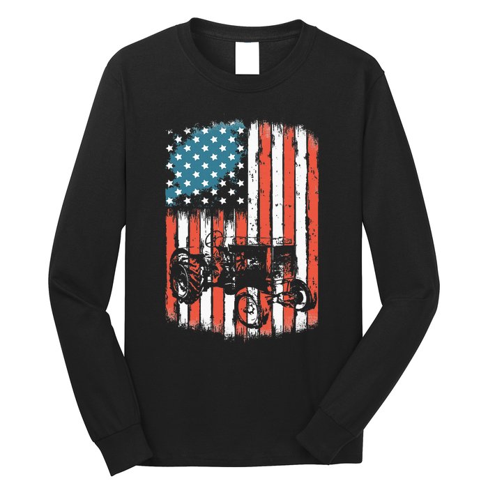 Farm Tractors American Flag Usa Patriotic Farming Rancher Long Sleeve Shirt