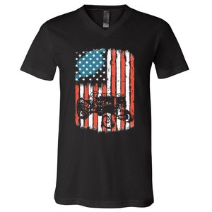 Farm Tractors American Flag Usa Patriotic Farming Rancher V-Neck T-Shirt