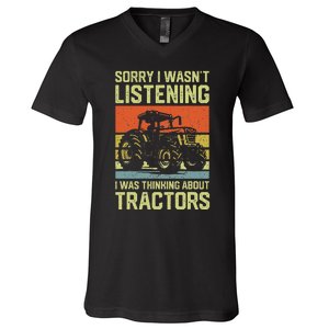 Funny Thinking About Tractors Tractor Lover Farmer V-Neck T-Shirt