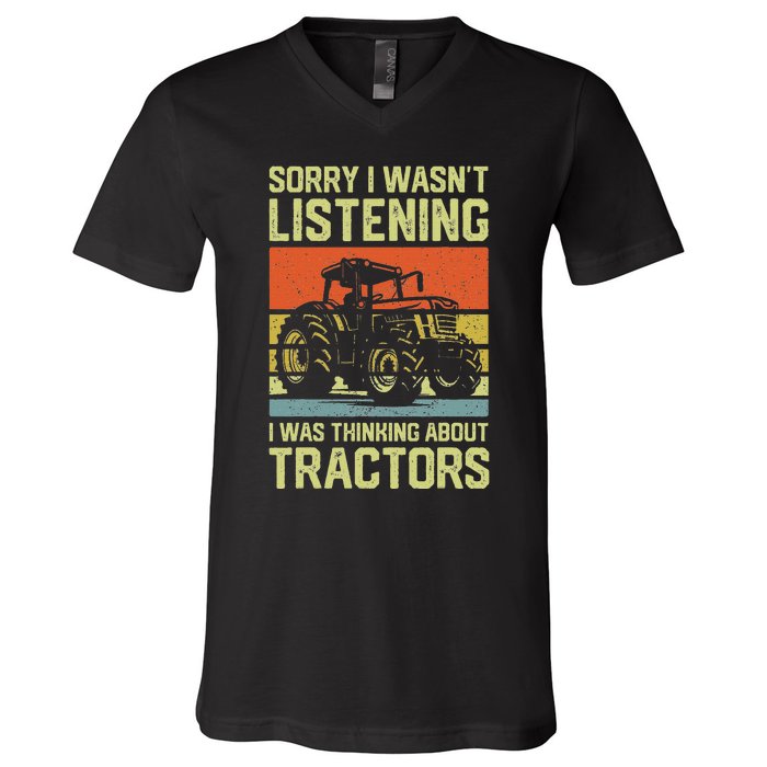 Funny Thinking About Tractors Tractor Lover Farmer V-Neck T-Shirt