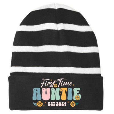 First Time Auntie Est 2024 New Aunt Pregnancy Announcement Striped Beanie with Solid Band