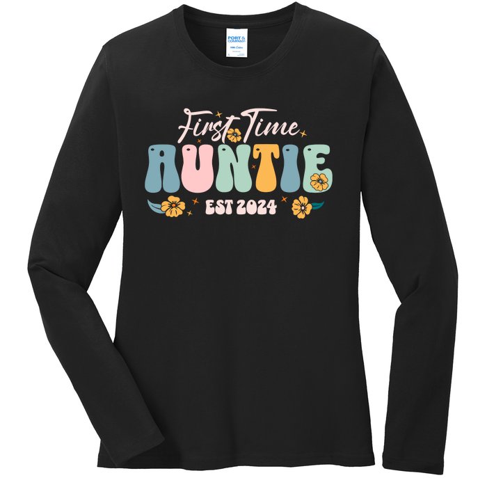 First Time Auntie Est 2024 New Aunt Pregnancy Announcement Ladies Long Sleeve Shirt