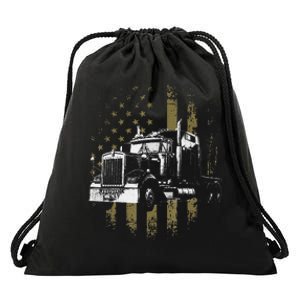 Funny Trucker American Flag Big Rig Semi-Trailer Truck Driver Gift Drawstring Bag