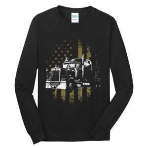 Funny Trucker American Flag Big Rig Semi-Trailer Truck Driver Gift Tall Long Sleeve T-Shirt