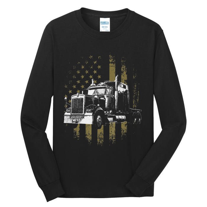 Funny Trucker American Flag Big Rig Semi-Trailer Truck Driver Gift Tall Long Sleeve T-Shirt