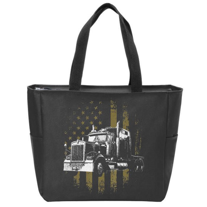 Funny Trucker American Flag Big Rig Semi-Trailer Truck Driver Gift Zip Tote Bag