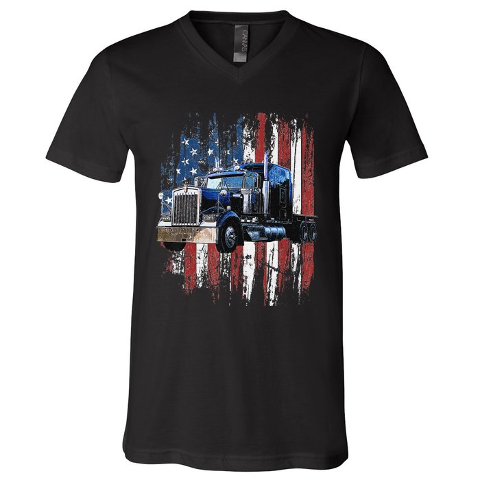 Funny Trucker American Flag Truck Driver Shirt Truck Driver Gift  V-Neck T-Shirt