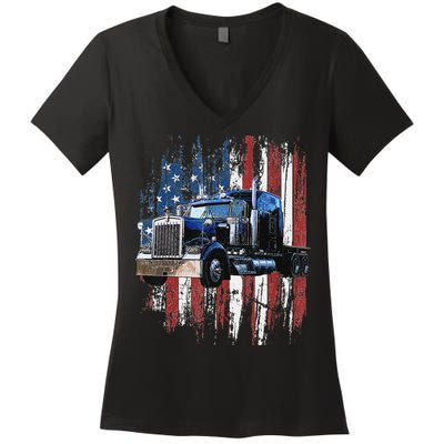 Funny Trucker American Flag Truck Driver Shirt Truck Driver Gift  Women's V-Neck T-Shirt