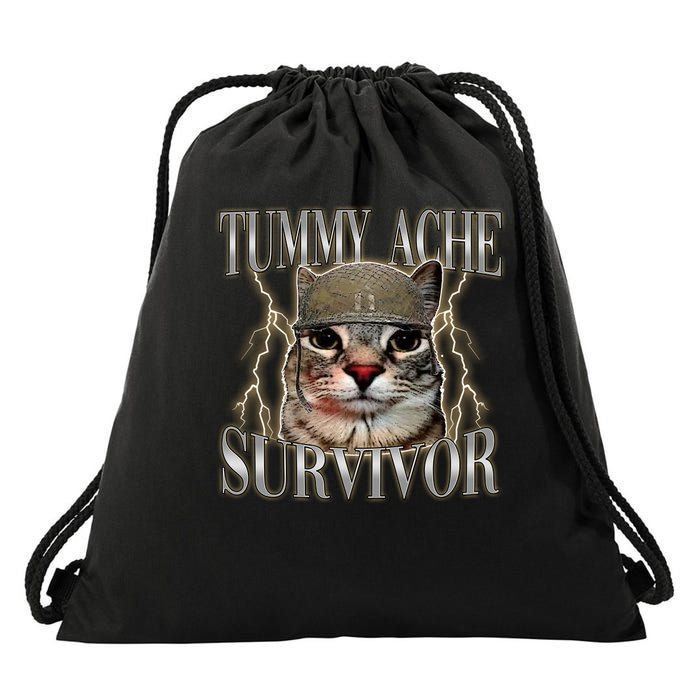 Funny Tummy Ache Survivor Soldier Cat Meme Drawstring Bag