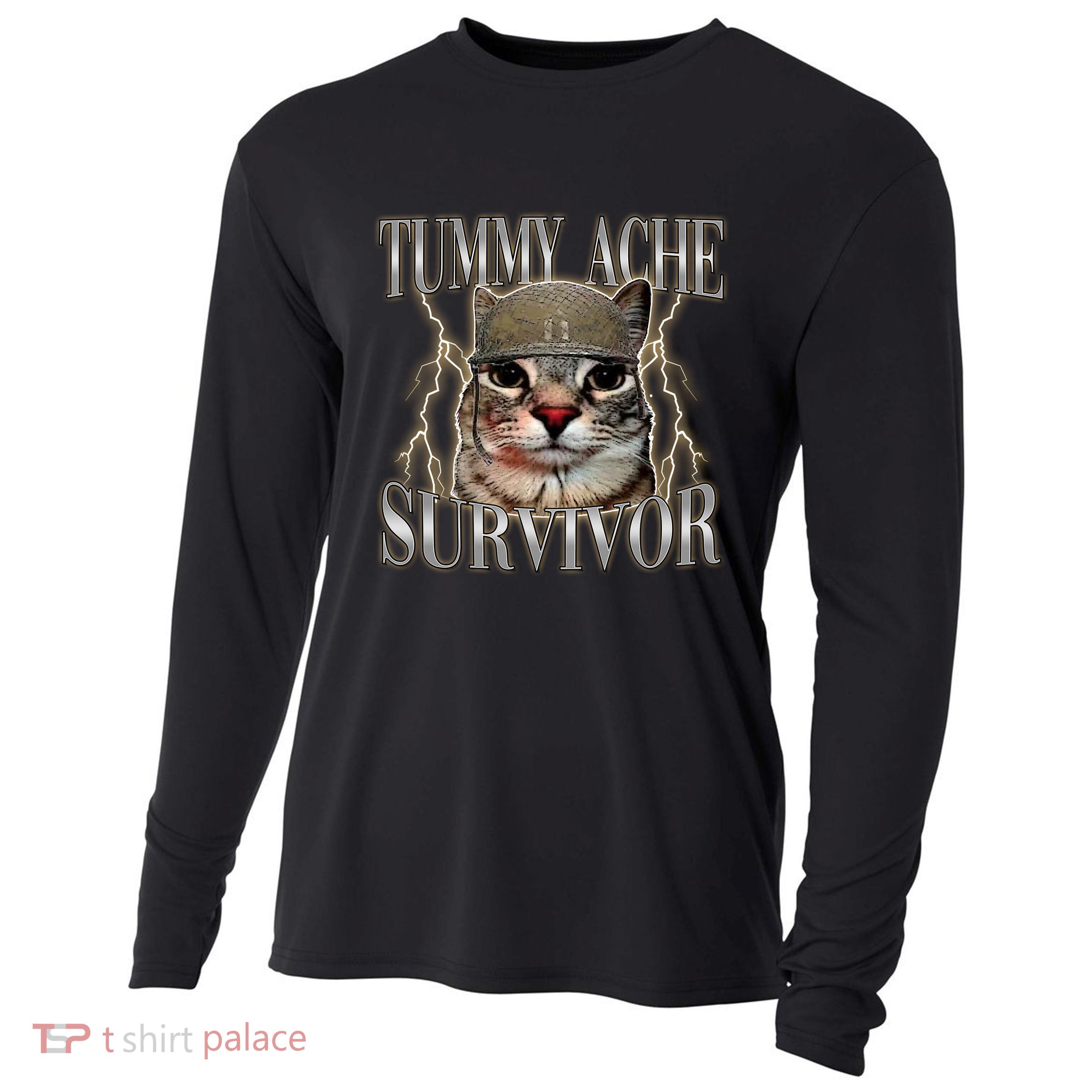 Funny Tummy Ache Survivor Soldier Cat Meme Cooling Performance Long Sleeve Crew