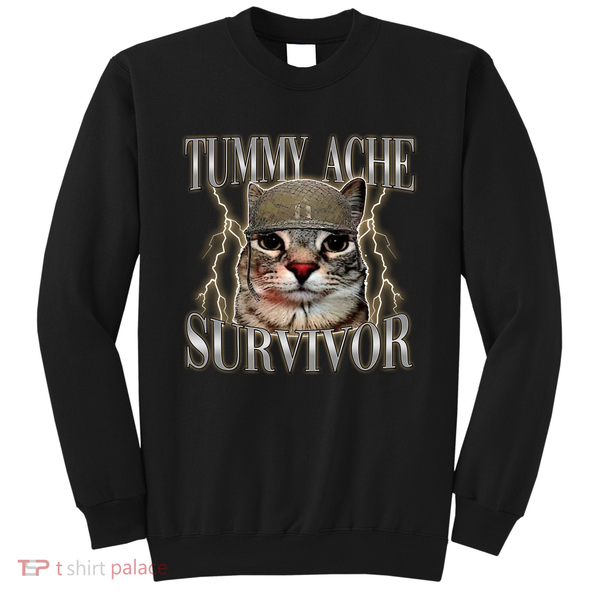 Funny Tummy Ache Survivor Soldier Cat Meme Tall Sweatshirt