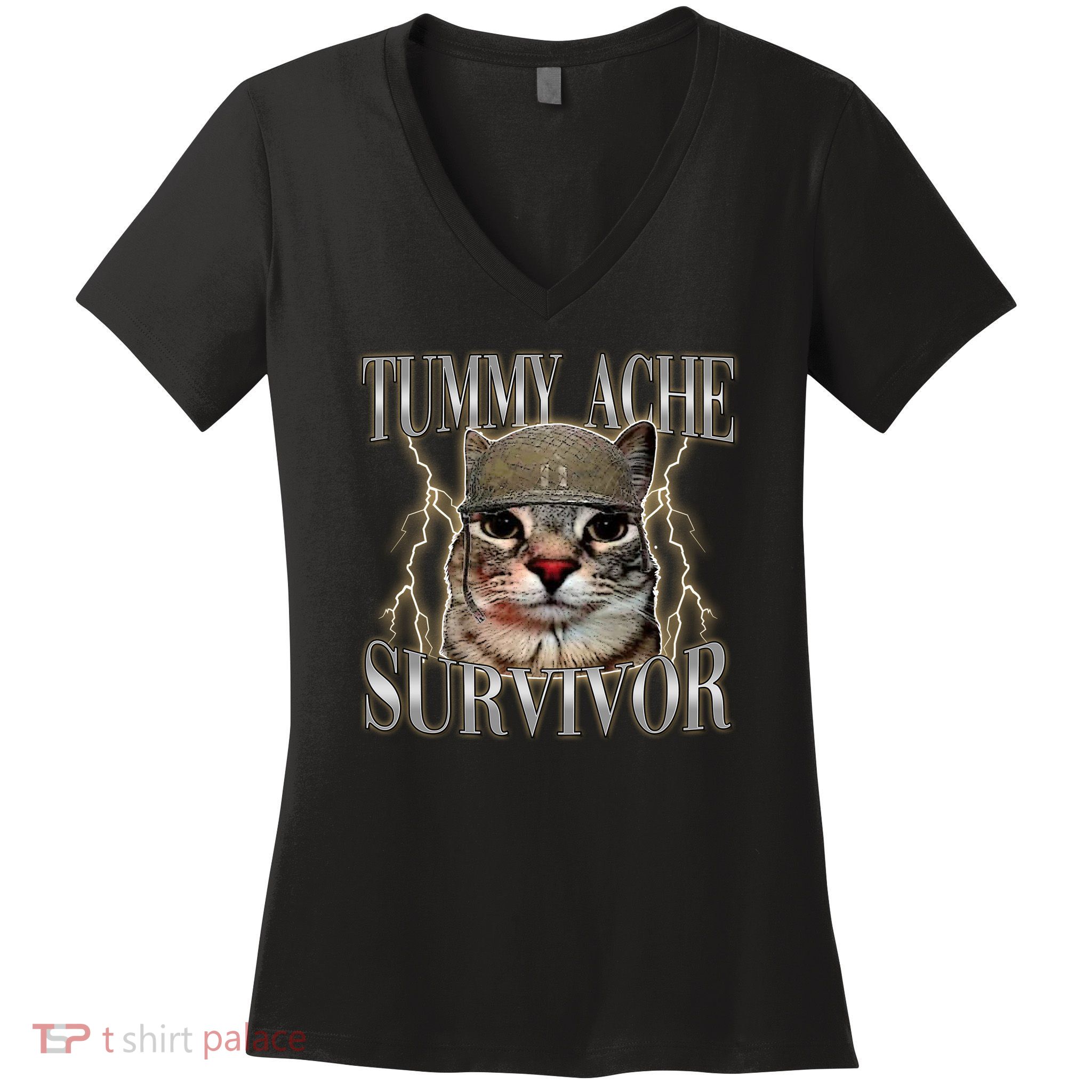 Funny Tummy Ache Survivor Soldier Cat Meme Women's V-Neck T-Shirt