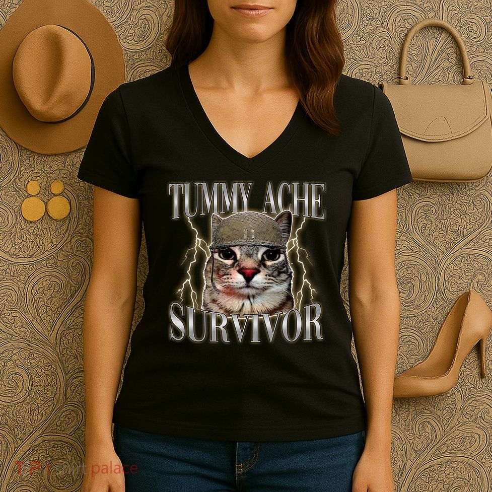 Funny Tummy Ache Survivor Soldier Cat Meme Women's V-Neck T-Shirt