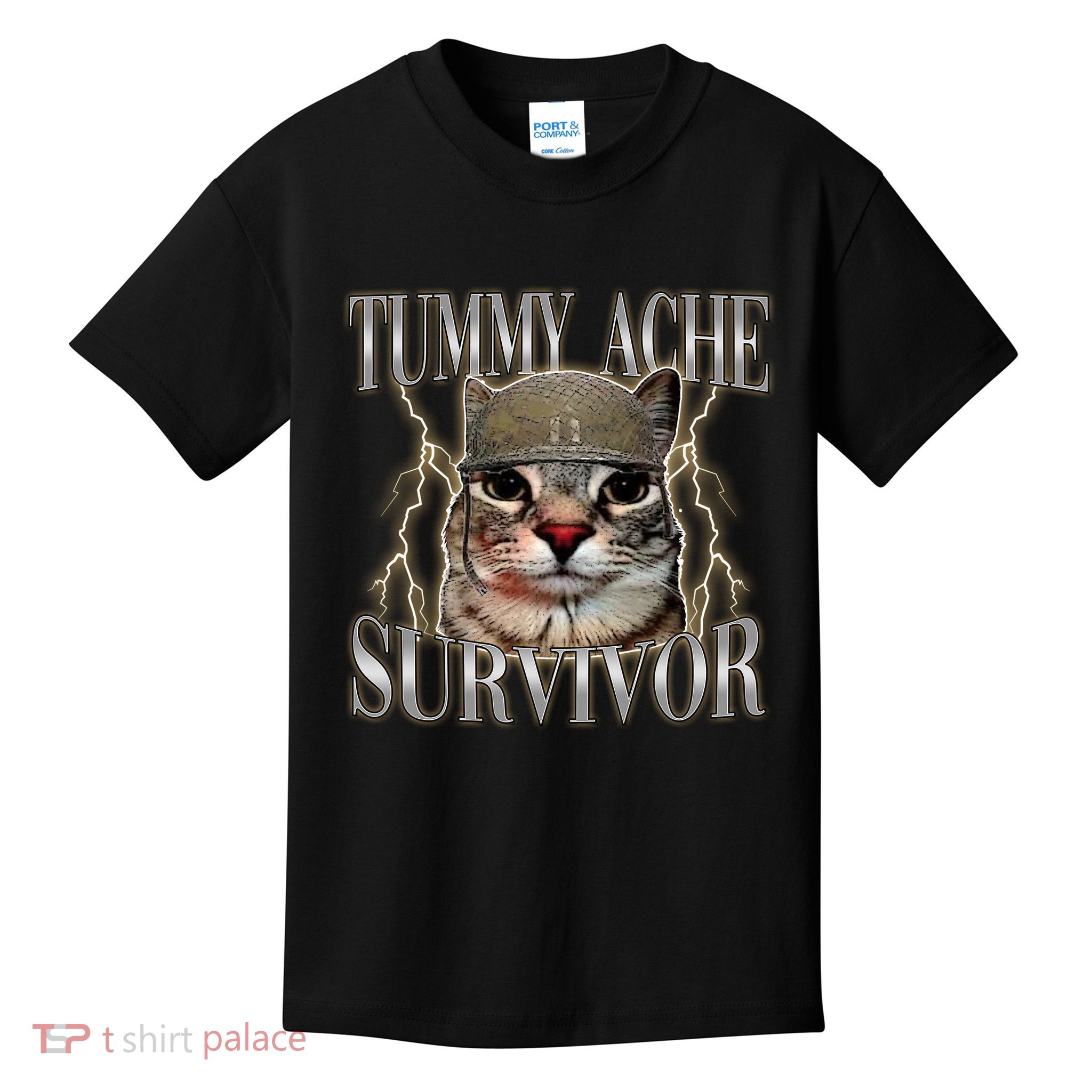 Funny Tummy Ache Survivor Soldier Cat Meme Kids T-Shirt