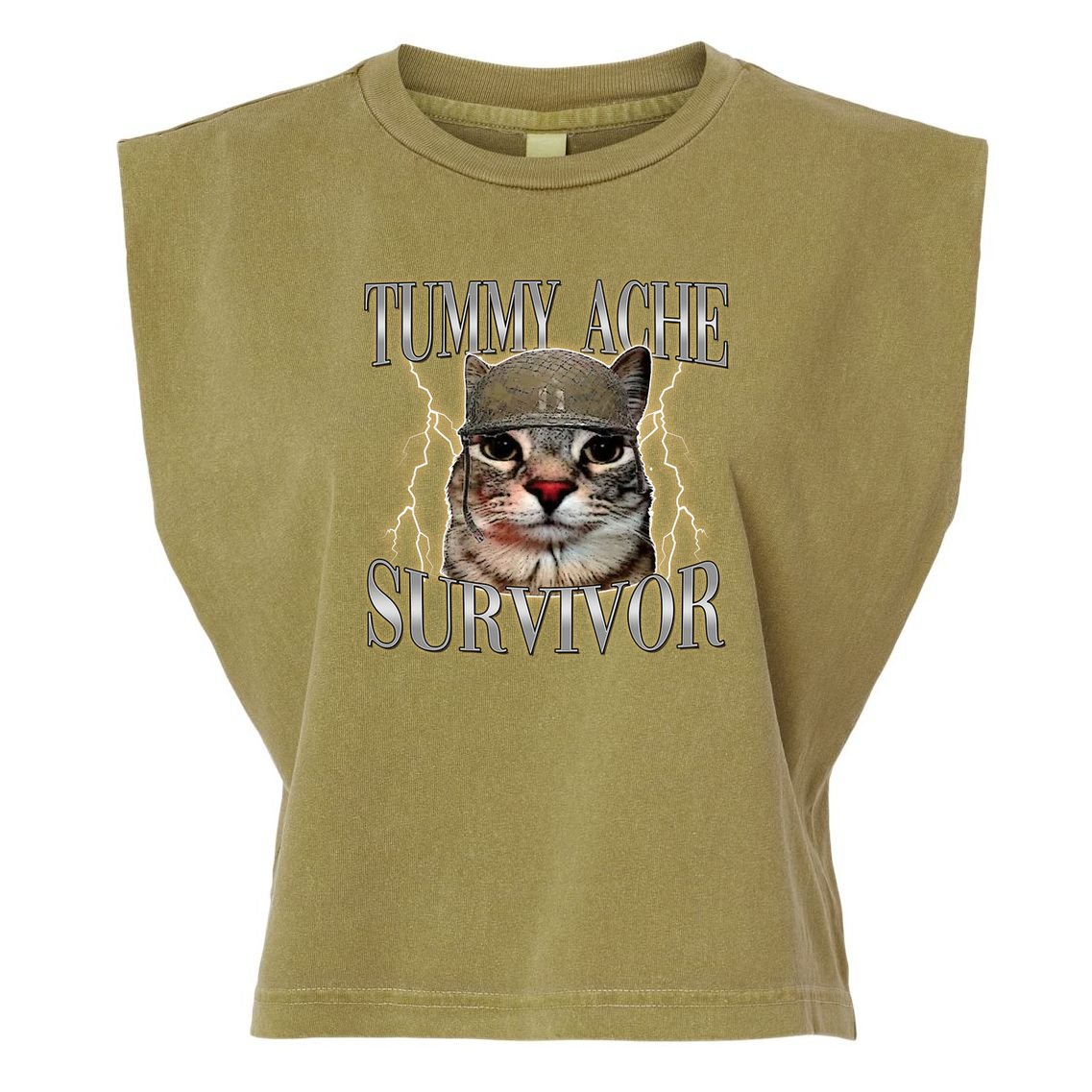 Funny Tummy Ache Survivor Soldier Cat Meme Garment-Dyed Women's Muscle Tee