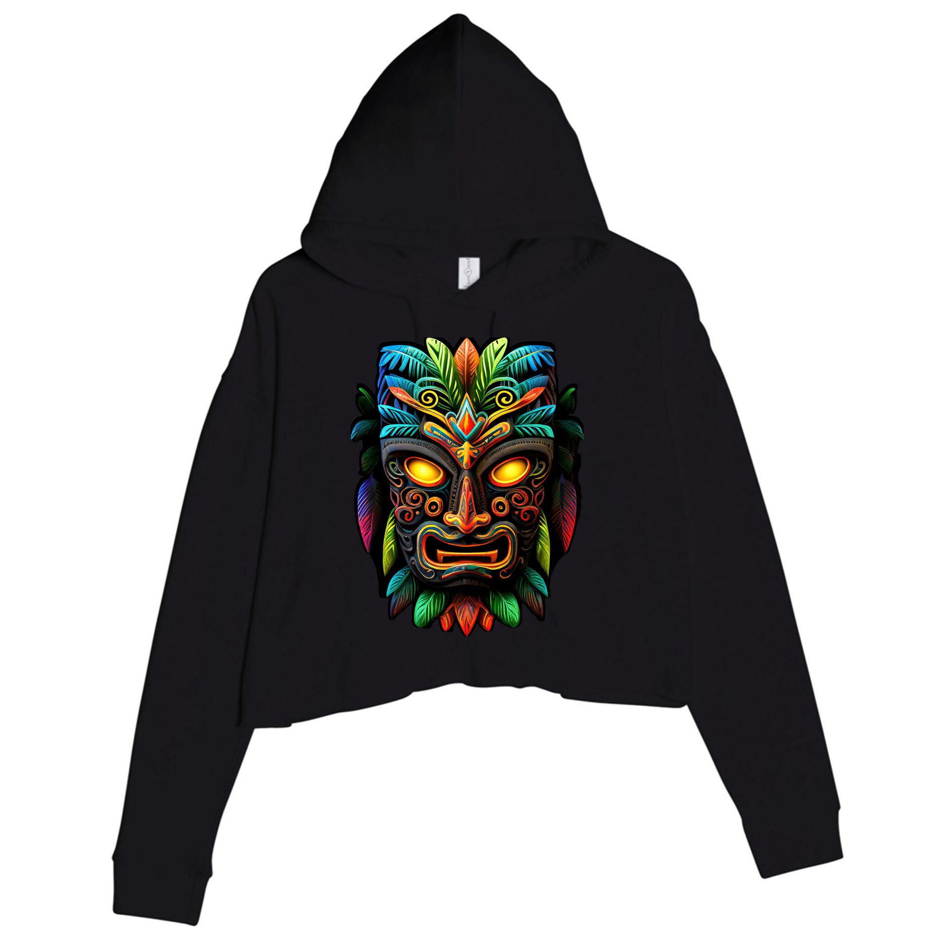 Feel The Aloha Spirit With Our Colorful Tiki Mask Crop Fleece Hoodie