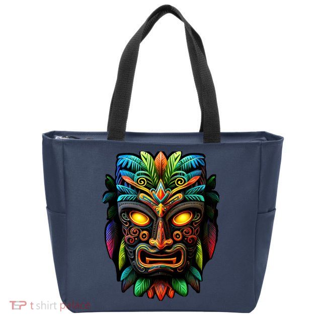 Feel The Aloha Spirit With Our Colorful Tiki Mask Zip Tote Bag